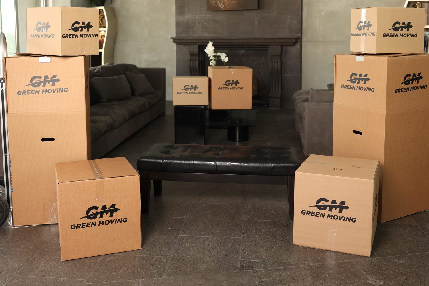 Packed GreenMoving boxes inside a home
